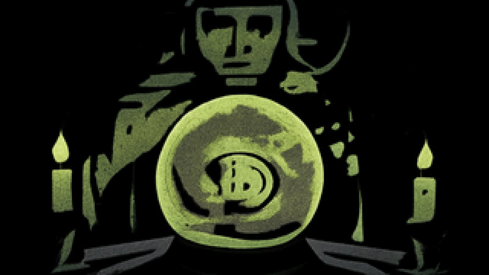 A crystal ball showing a dragon coiled around a digital coin with an eagle holding tokens at its edge, lit by candlelight.