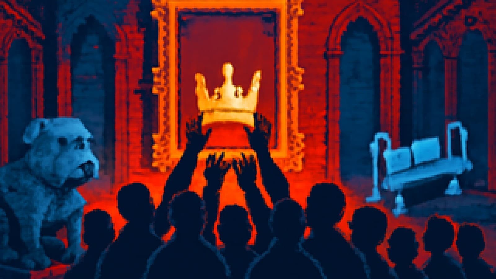 A crowd lifts a golden crown toward an empty portrait frame in a grand gallery