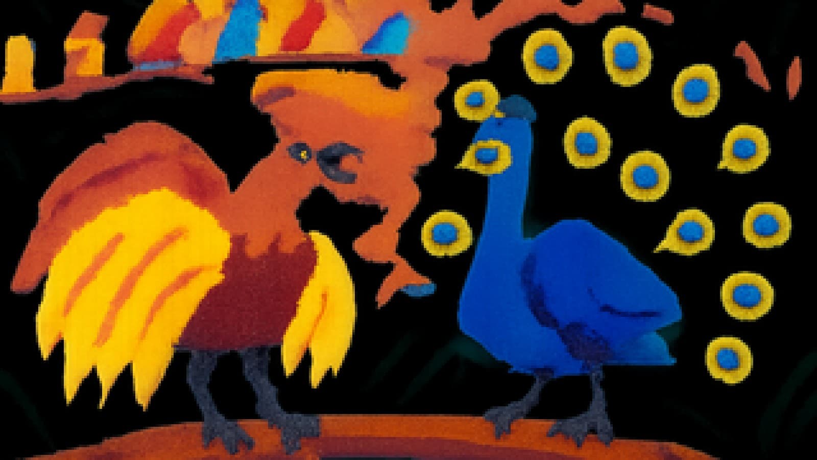 pixel-art bird-of-paradise and peacock squaring off on a jungle branch while small birds watch