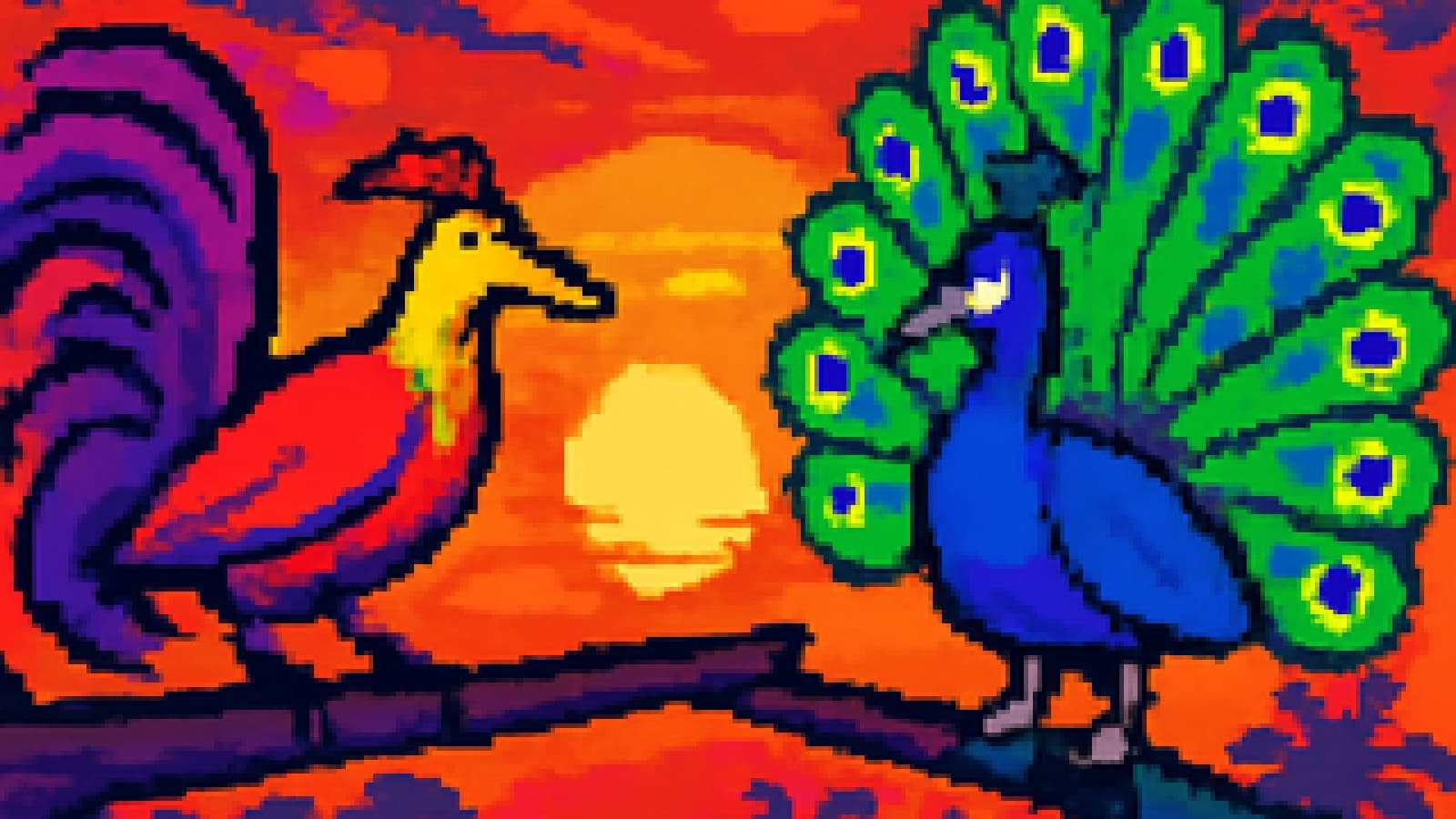 pixel-art bird-of-paradise and fanned-tail peacock facing each other on a tropical branch at sunset