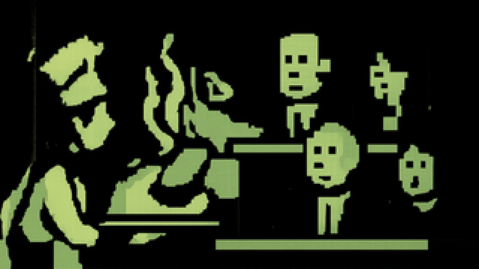 Pixel-art cooking-show judges rejecting a smoking smartphone served on a silver platter