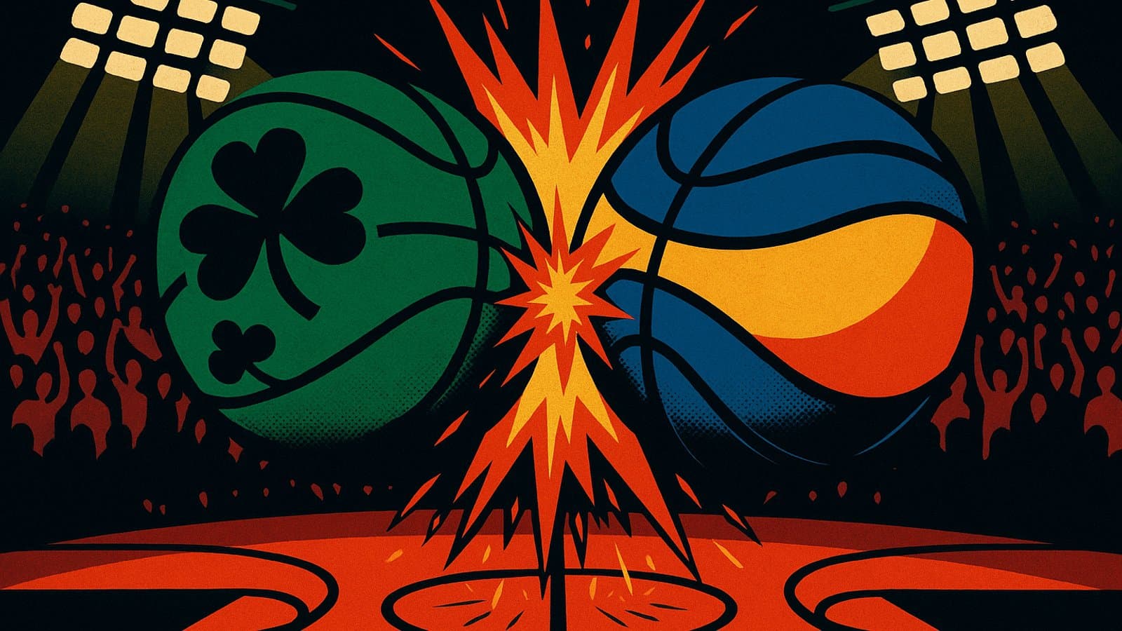 A green basketball and a blue-and-gold basketball smash together at center court as a divided crowd cheers.
