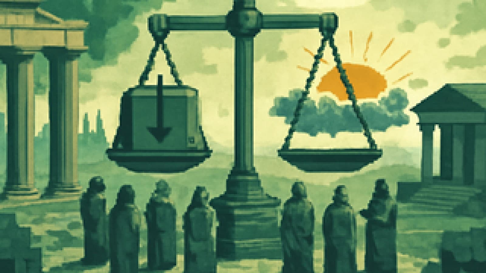 Pixel-art Roman forum with a balance scale weighing a heavy stone against a rising sun over factories