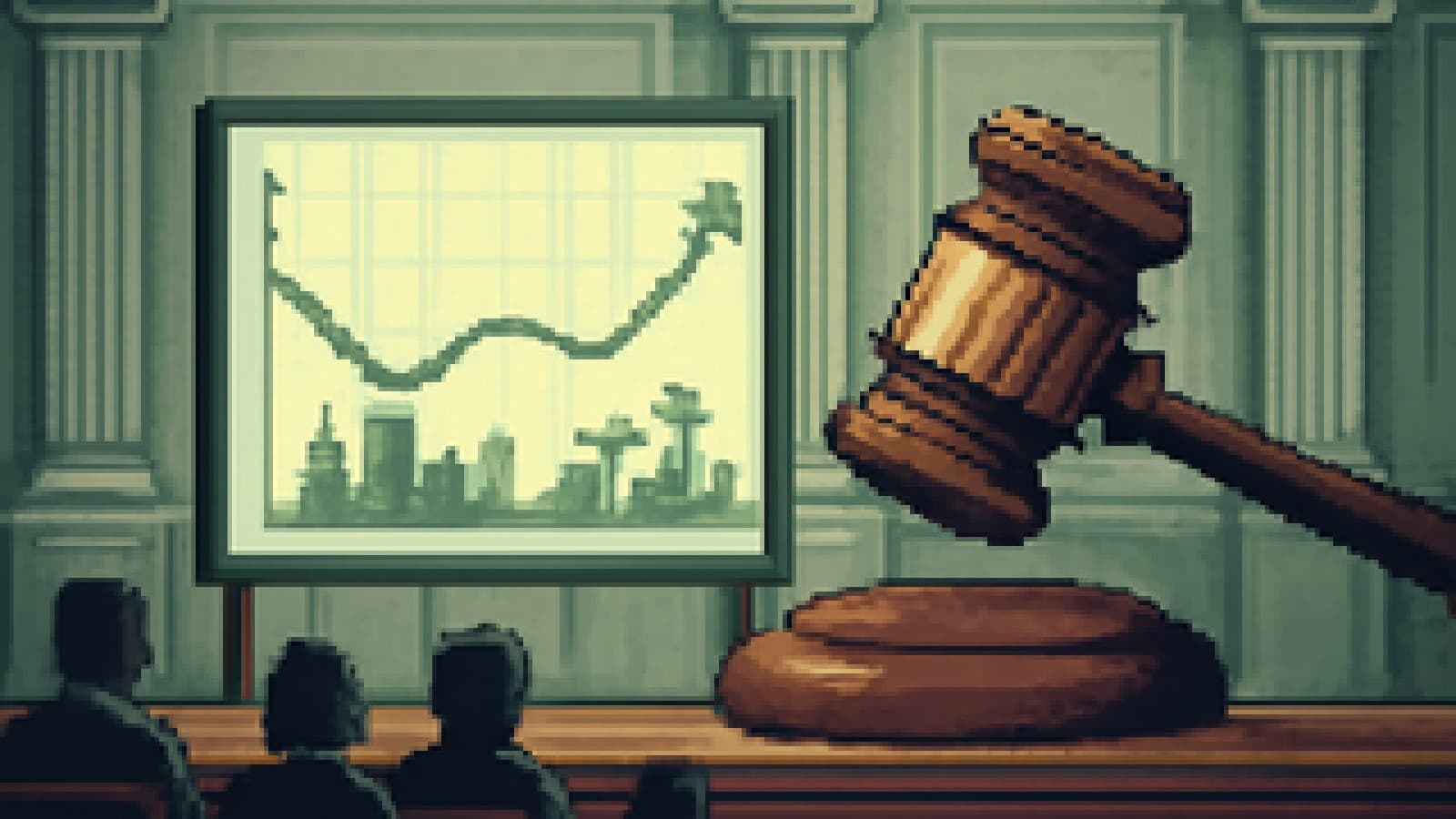Pixel-art classical courtroom with a gavel and a rising chart line turning into a sunrise over city skylines