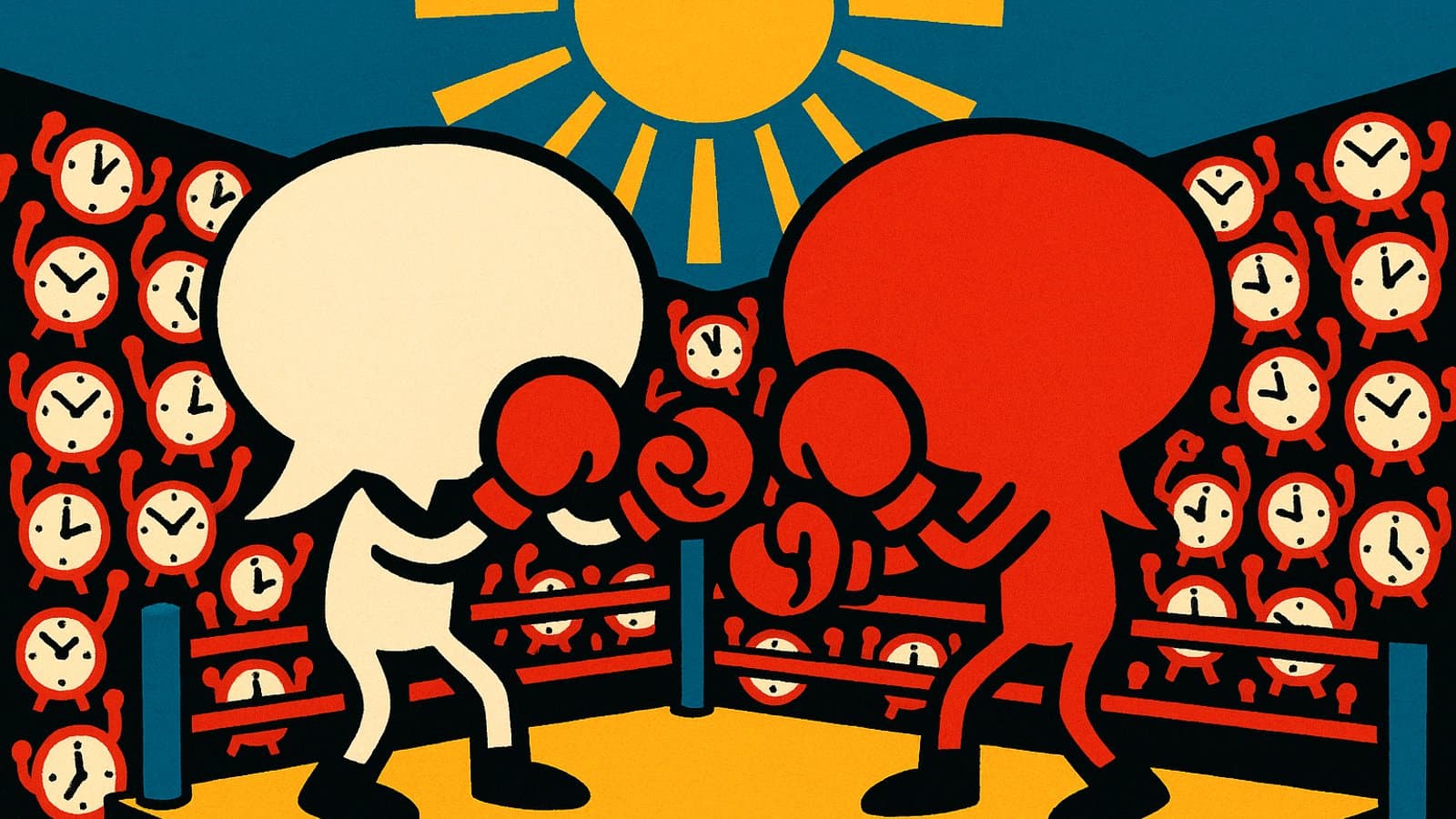 Two cartoon speech bubbles squaring off in a boxing ring under the afternoon sun while a crowd of little clocks cheers