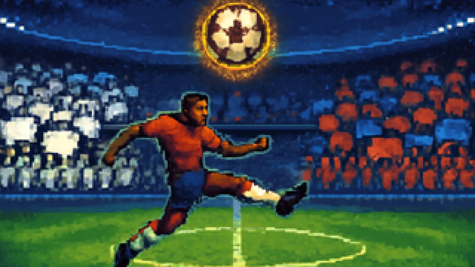 Pixel-art stadium crowd split between white flags and blue-and-red flags with a glowing football over the centre circle
