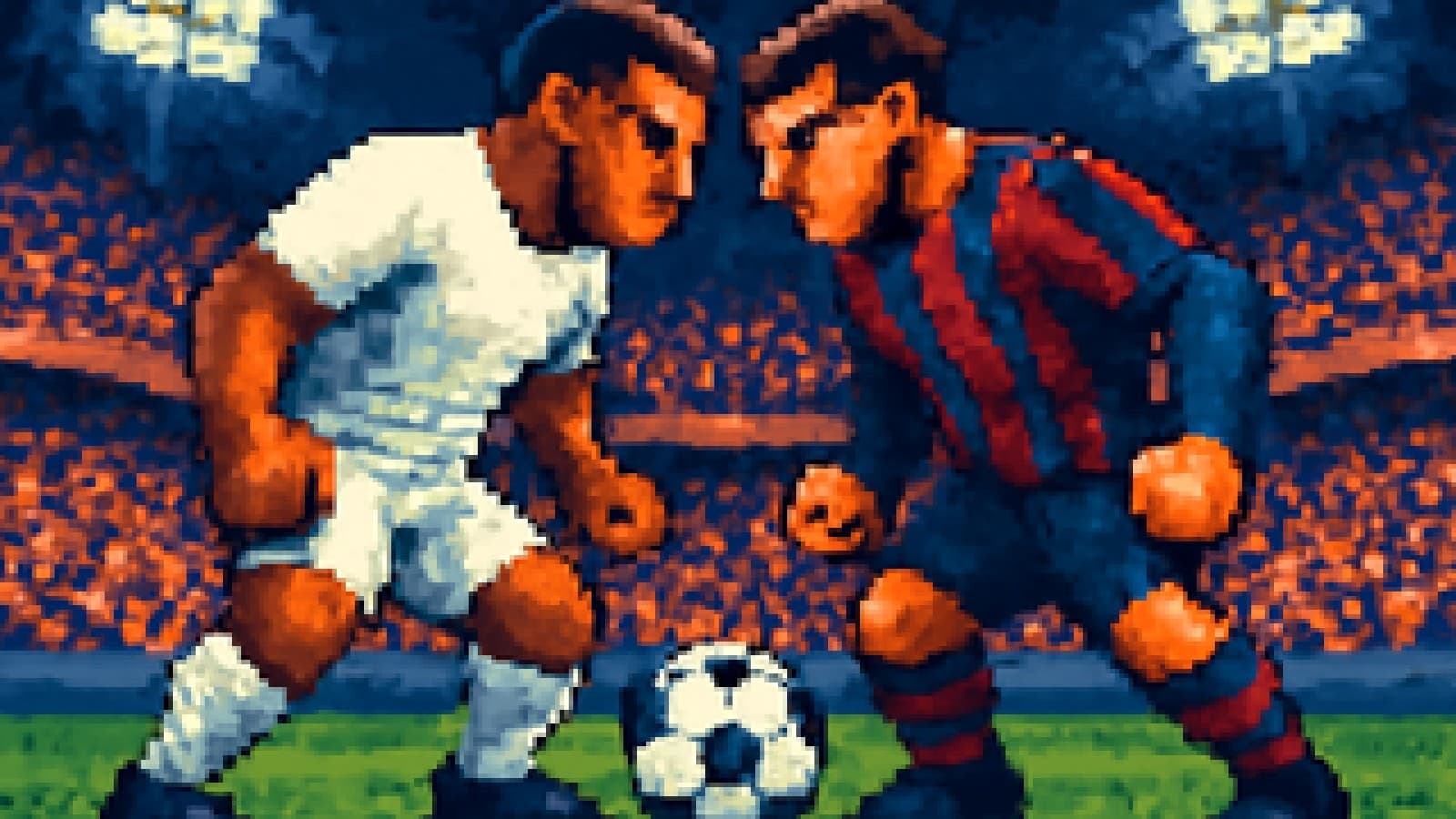 Pixel-art showdown between a white football kit and a blue-and-red striped kit on a floodlit pitch at kick-off