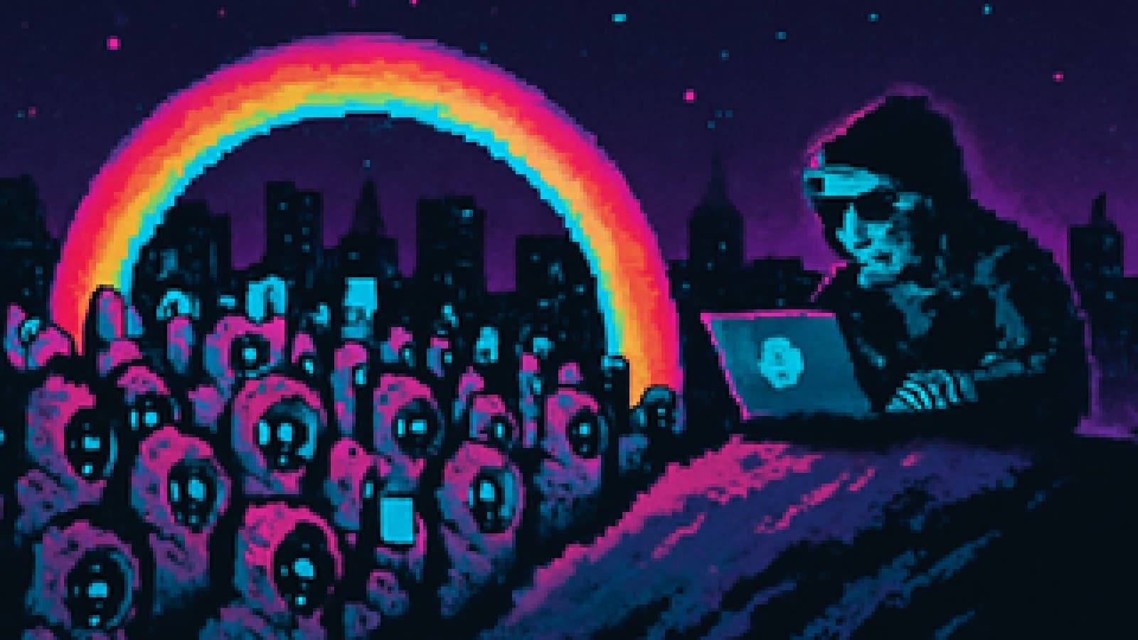 Pixel art of cheering crypto fans crossing a neon arc bridge while a lone figure watches sadly from a hill