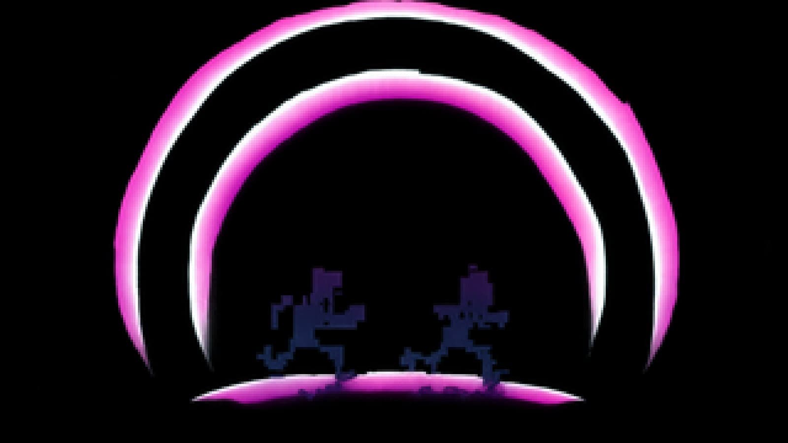 Pixel art of tiny crypto fans running from a dim purple planet toward a bright neon arc in the sky