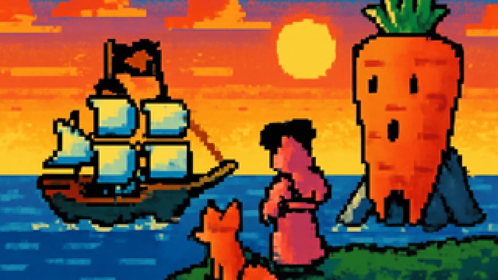 pixel-art pirate ship sailing past a carrot fortress while two figures watch from a cliff