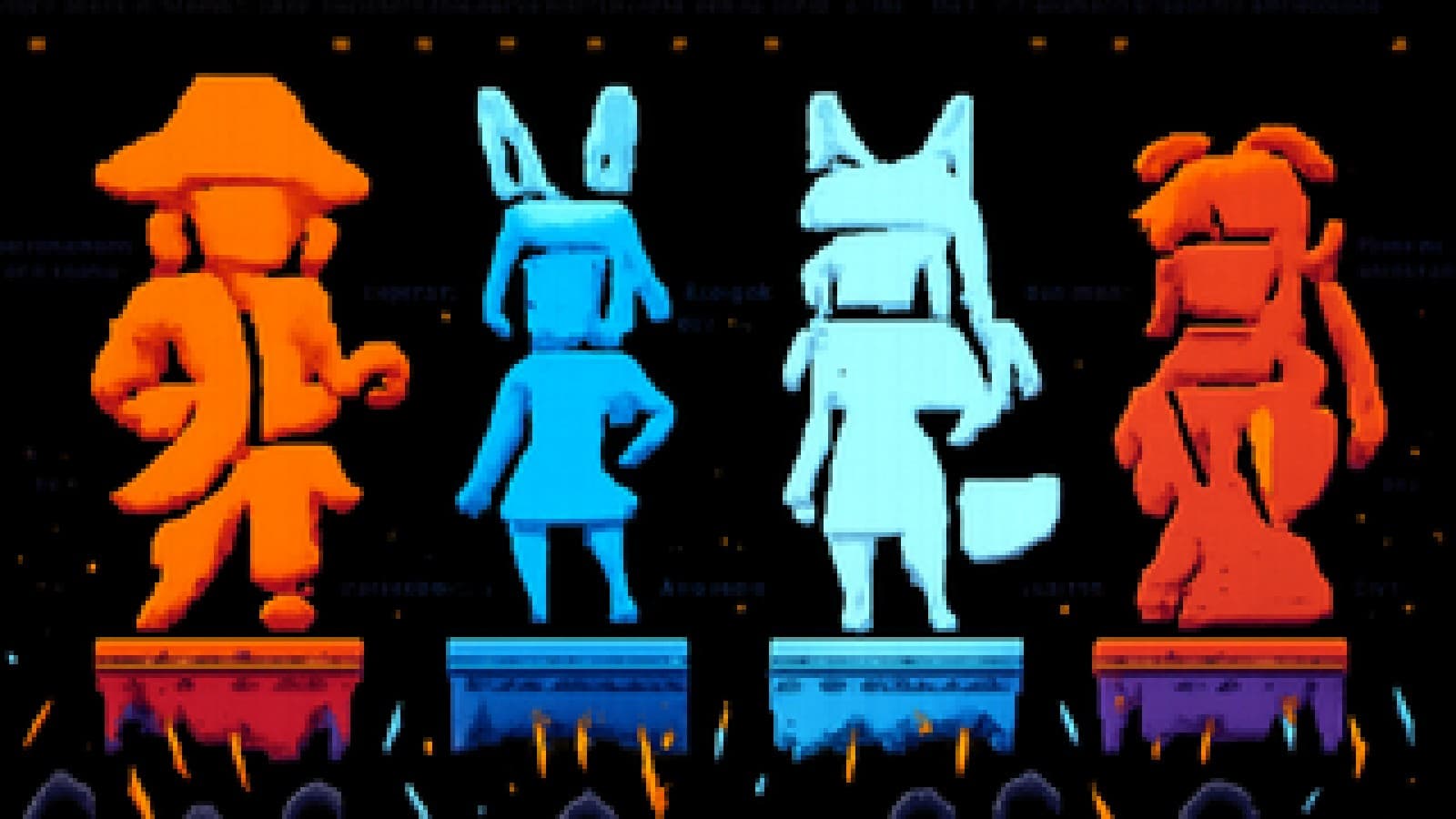 pixel-art arena where four vtuber-style avatar silhouettes face off in front of a cheering crowd with glow sticks