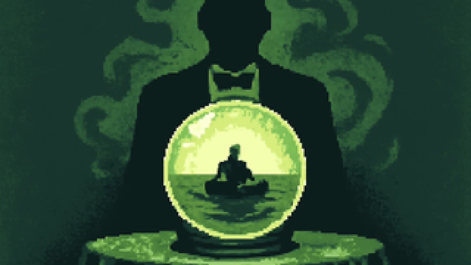 Pixel-art crystal ball showing a man adrift at sea while a tuxedo-clad silhouette fades into the mist.