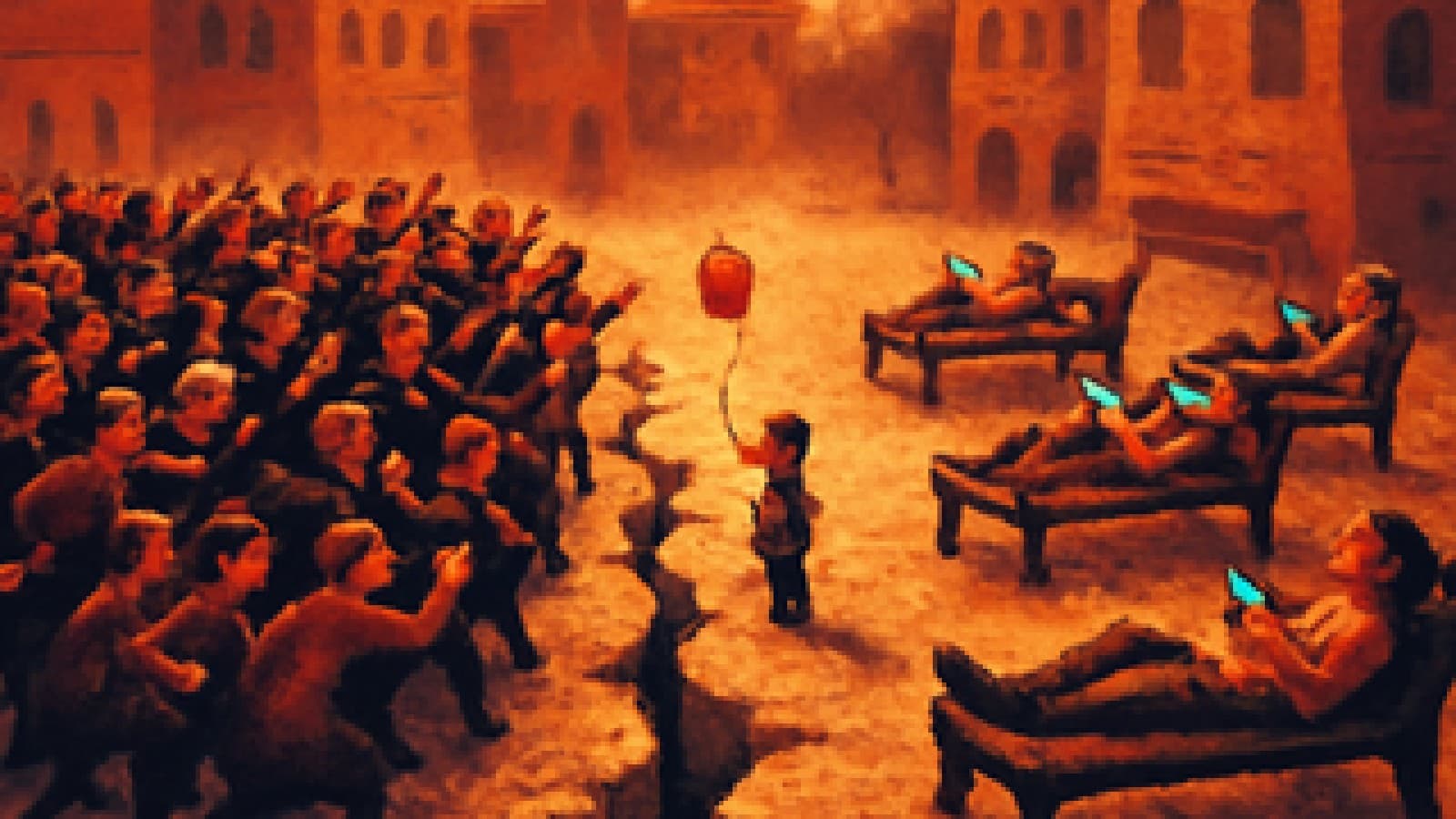 pixel art of a town square split between arguing crowds and bored people on benches, with one hopeful figure holding a balloon in the middle
