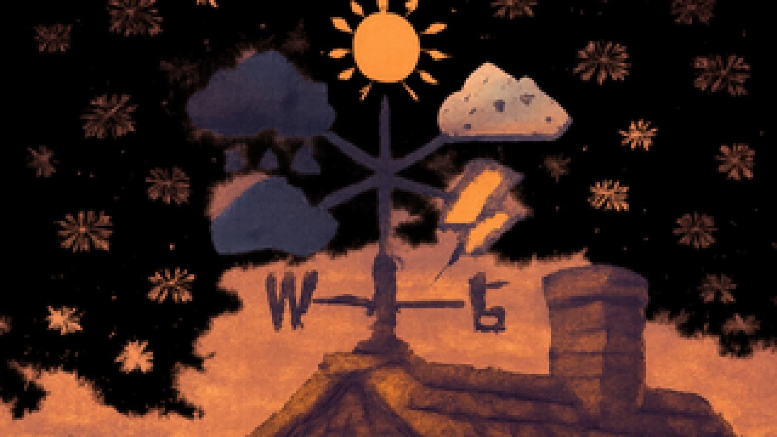 pixel art weather vane spinning between mood symbols under a sky full of empty chat bubbles