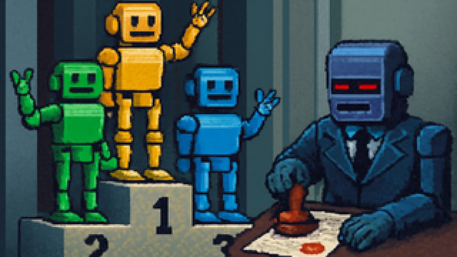Three pixel-art robots on a podium in a government hall as an official robot stamps a certificate