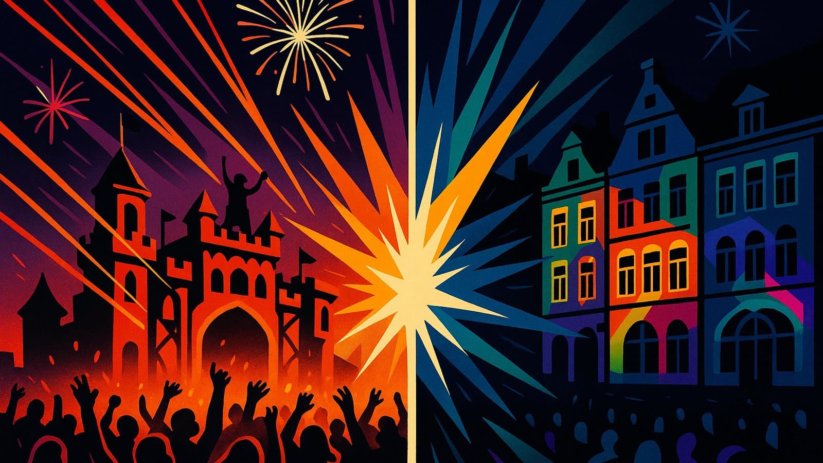 Illustration of a fantasy festival stage with lasers colliding with a historic city lit up by colorful light projections