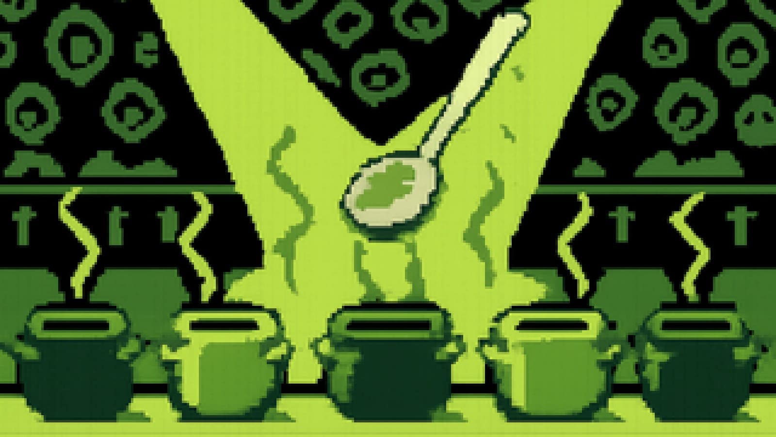 Pixel-art cooking stage with five colourful pots and a judge's spoon hovering over one