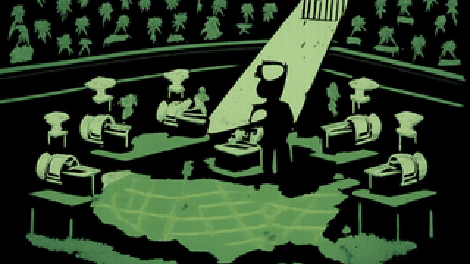 Pixel-art cooking-competition kitchen shaped like the United States with five pots, one glowing under a spotlight