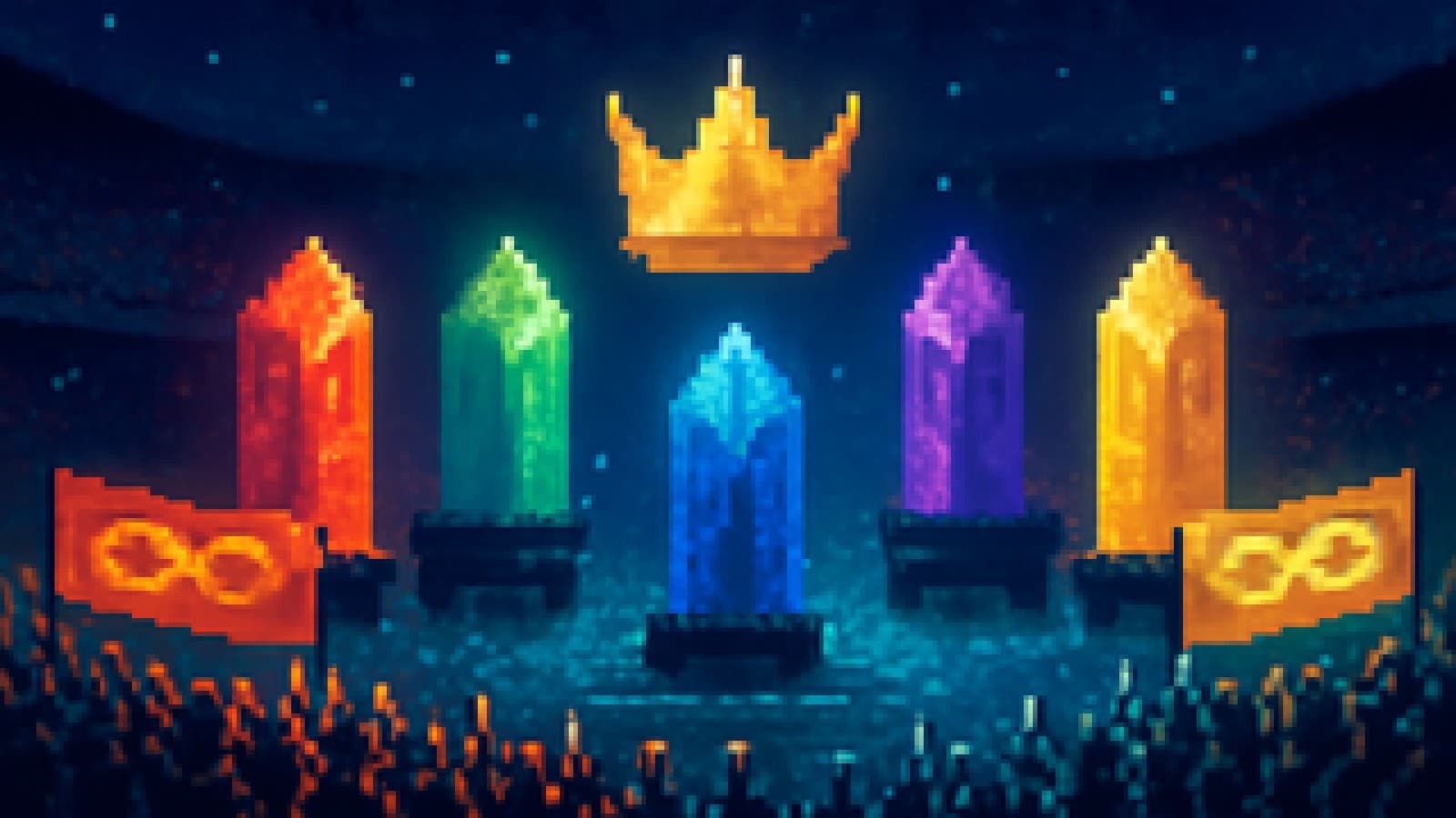 Pixel-art arena with five colorful crystal towers surrounding a floating crown and cheering crowds.