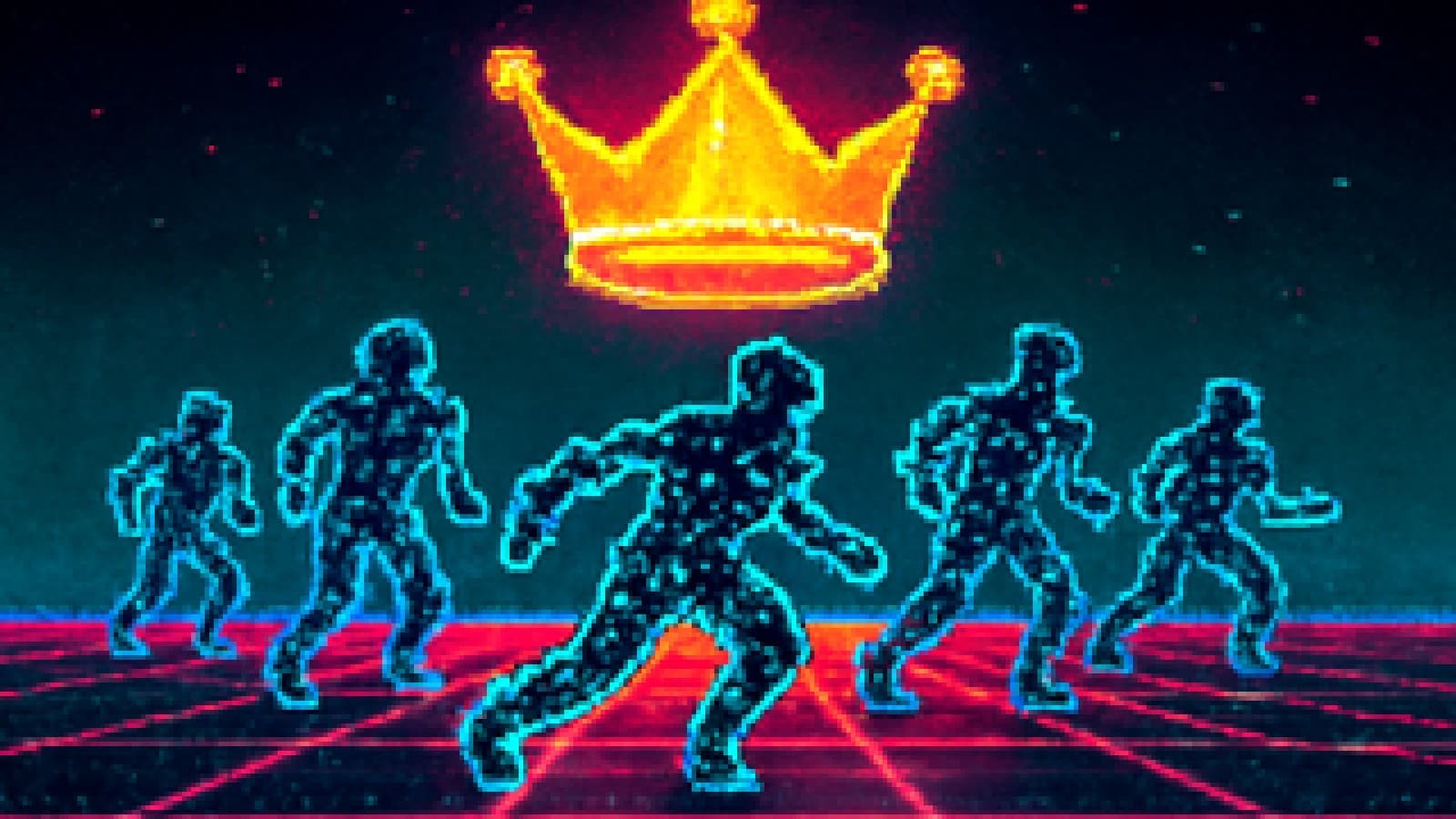 Pixel-art illustration of five chain-link knights racing toward a floating crown on a neon battlefield.
