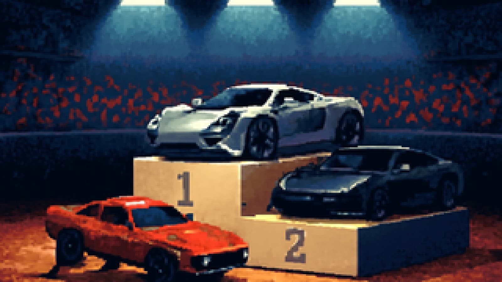 Pixel-art hypercars on a gym podium, with an older supercar doing push-ups next to it