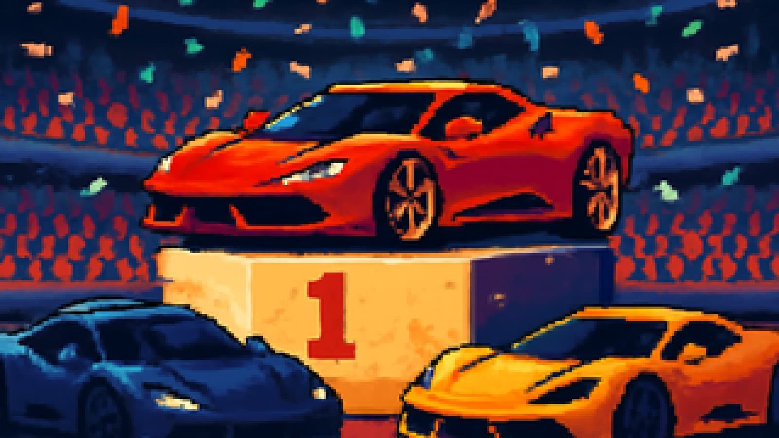 Pixel-art hypercar on top of a winner's podium in a gym, with confetti falling and rival cars below