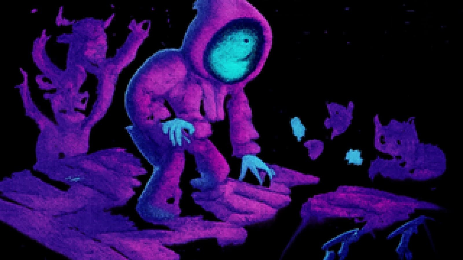 Pixel-art degen standing on a cracked chart-shaped floor above a dark basement, with bulls cheering and bears holding flashlights.