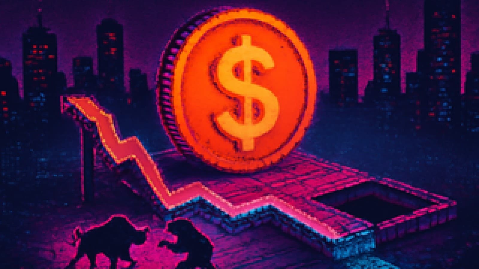Pixel-art orange coin on a chart-shaped floor with a half-open trapdoor, as tiny bulls and bears argue around it.