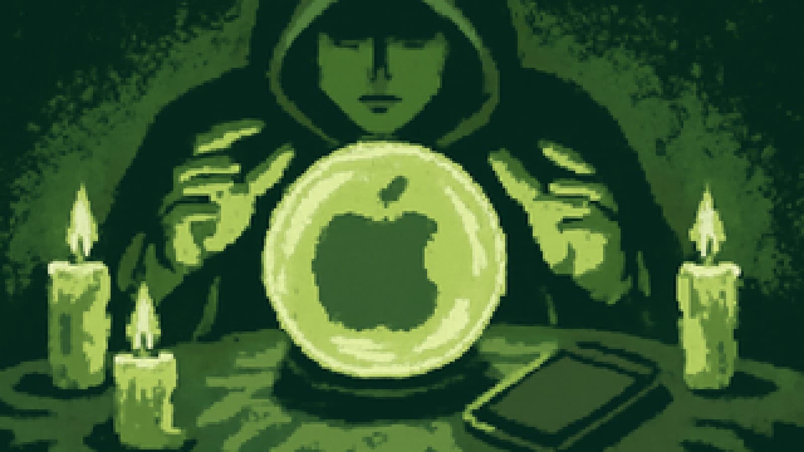 A pixel-art crystal ball showing a glowing apple on a fortune teller's table, with a face-down smartphone lying next to it.