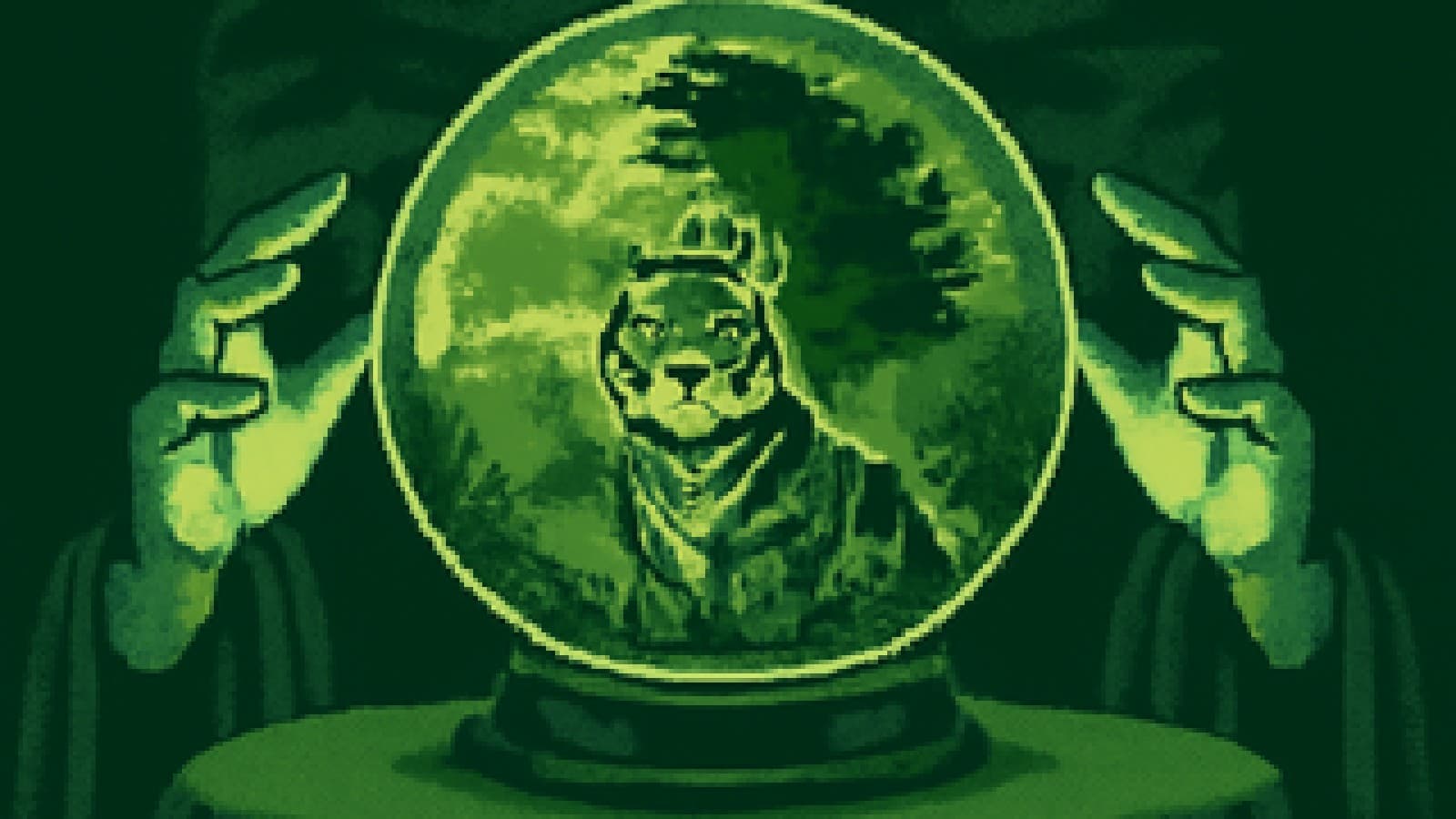 Crystal ball showing a crowned tiger in the jungle, with a giant sea monster brooding in the stormy background.