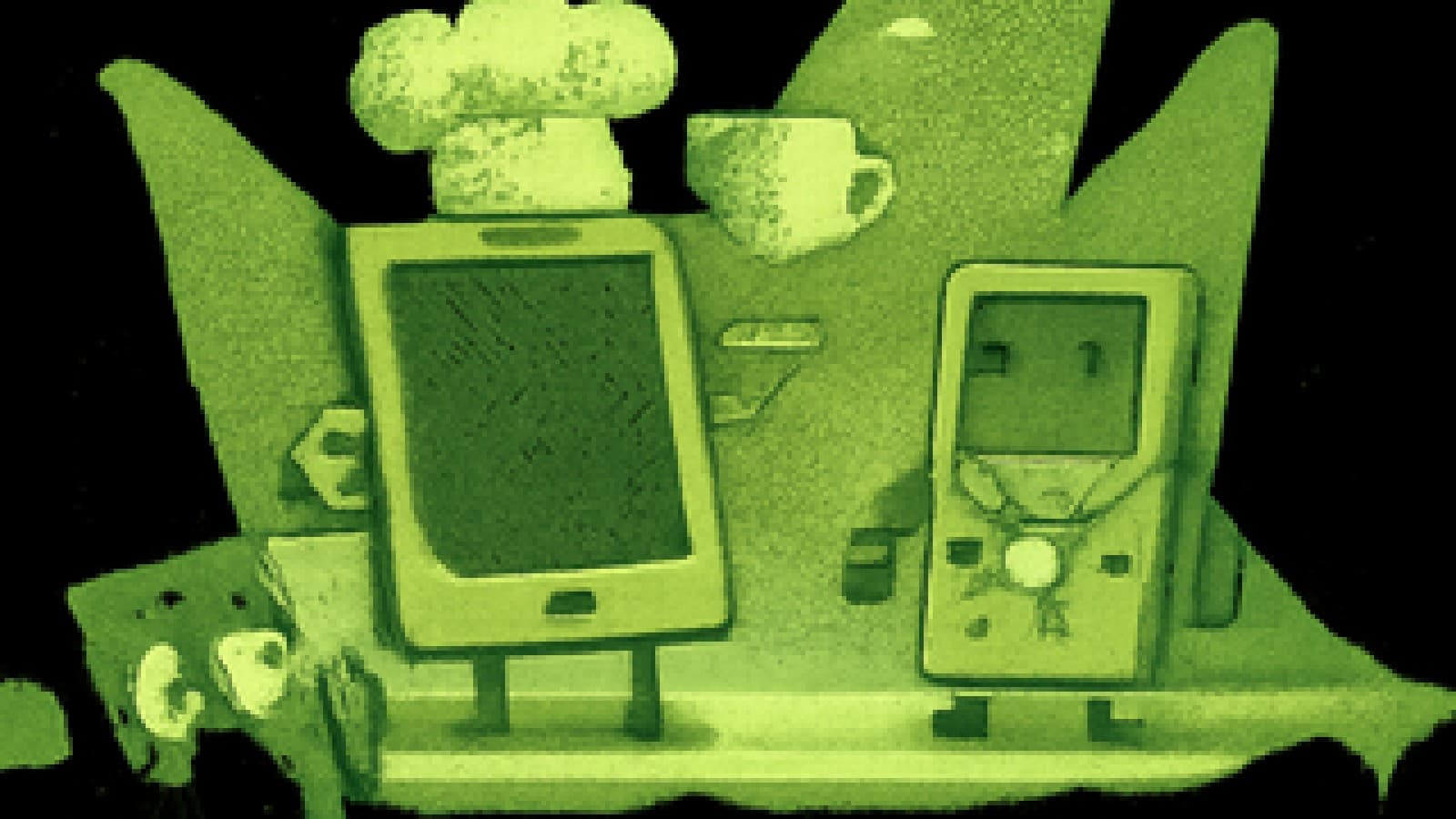Pixel-art cooking competition stage with a tablet holding a trophy, a game console with a silver medal, and a startled smartphone watching.