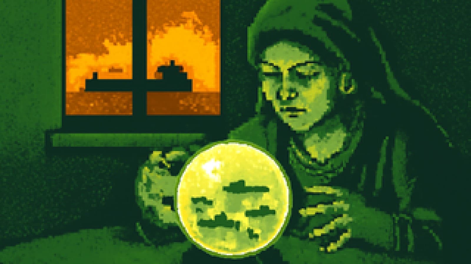 Pixel-art crystal ball showing warships near reefs, with a burning horizon and an oil tanker visible through the window behind it.