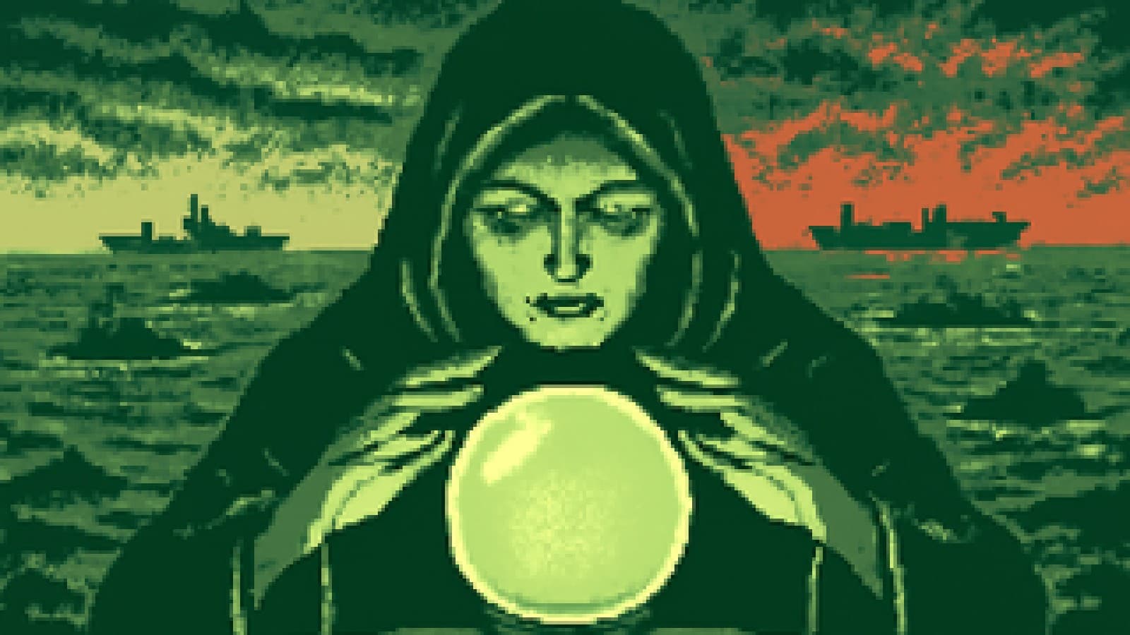 Pixel-art crystal ball showing warships in a stormy sea, with a fiery horizon and oil tankers in the background.