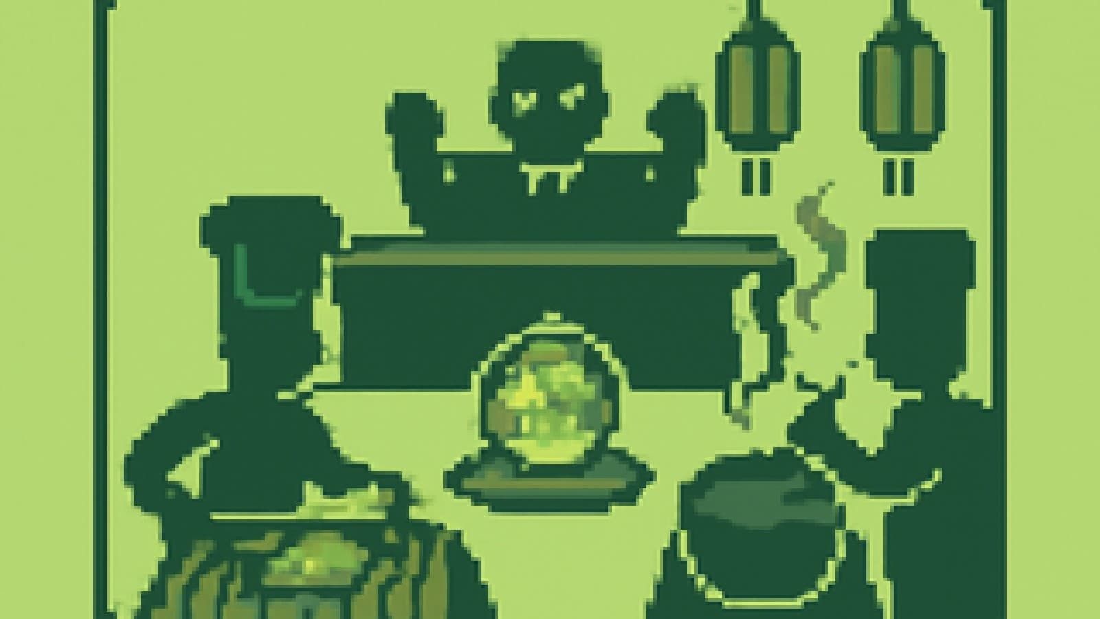 Pixel-art cooking-show showdown with a grill and a braising pot competing over a globe served on a platter.
