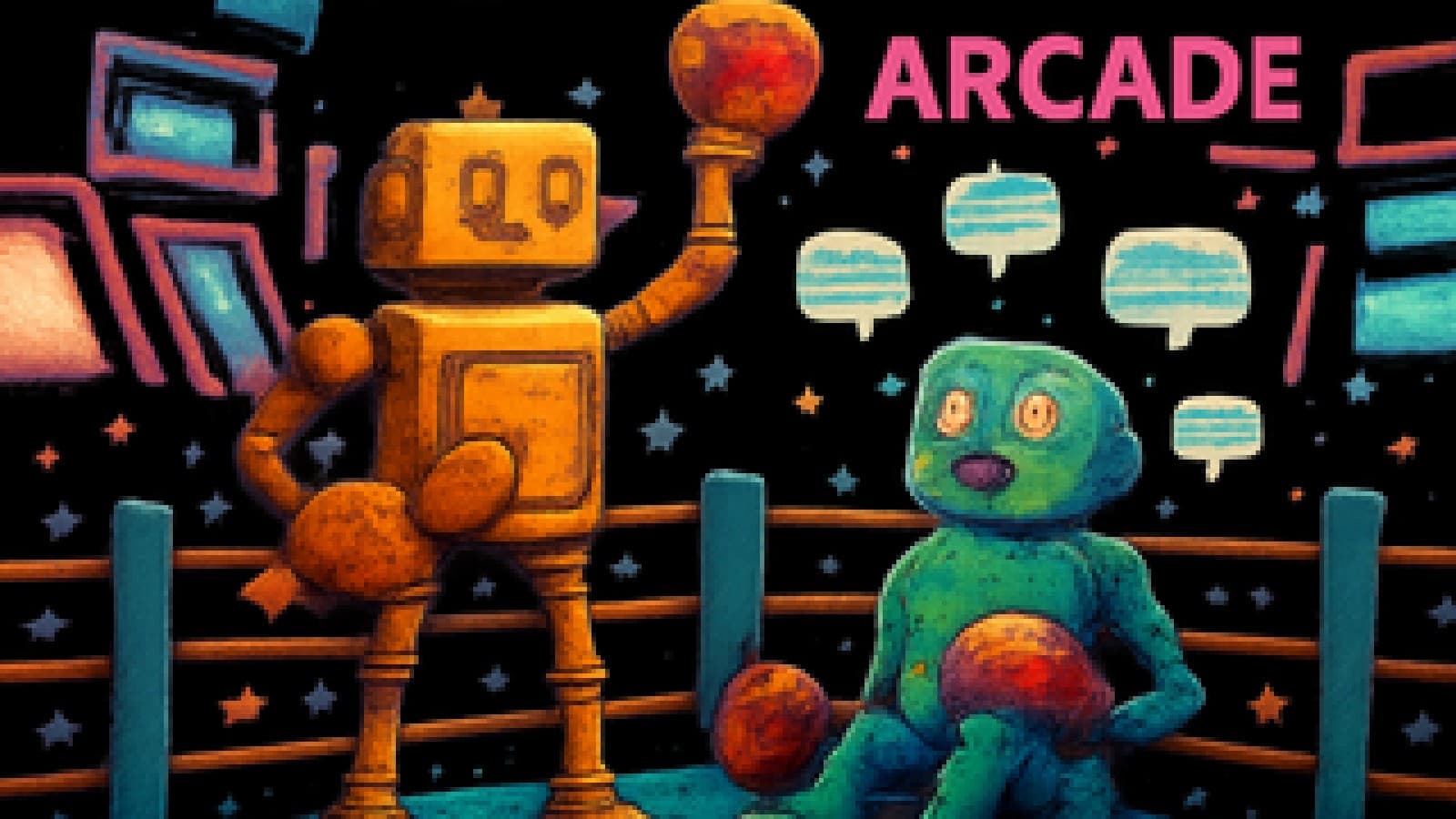 Pixel-art boxing ring where an orange robot with a notebook celebrates victory over a teal robot surrounded by speech bubbles, as a pixel crowd cheers.