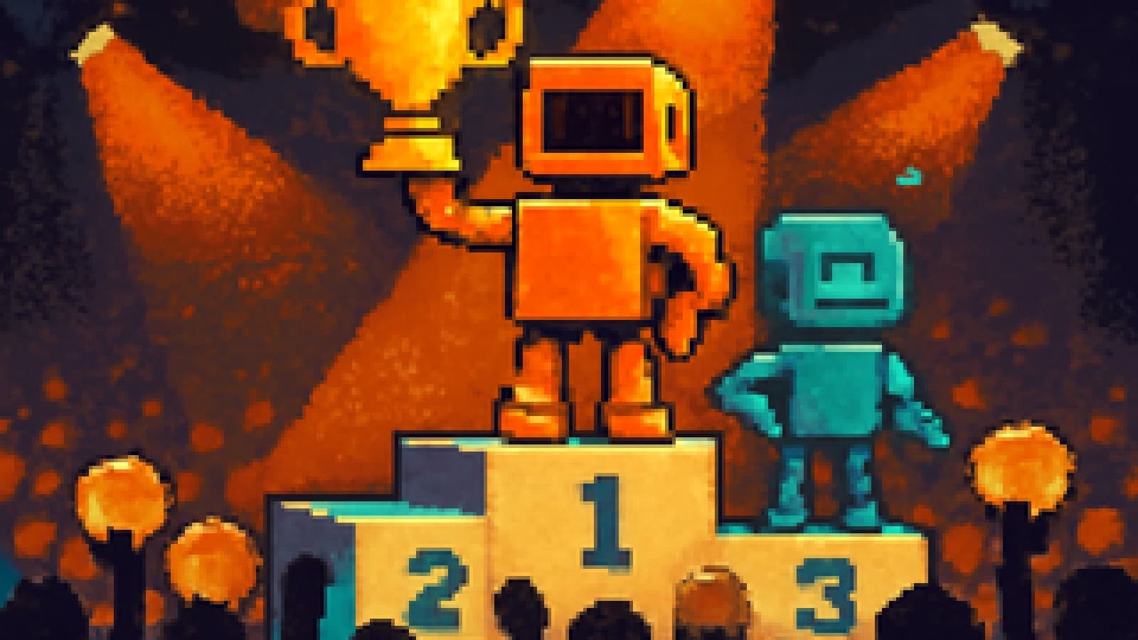 Pixel-art stage with an orange robot holding a trophy on the top podium and a teal robot in second place, cheered by a pixel crowd.