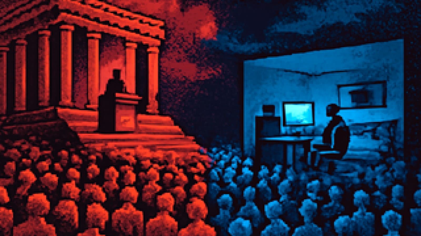 Pixel art of a crowd standing between a grand palace podium and a small glowing streaming room
