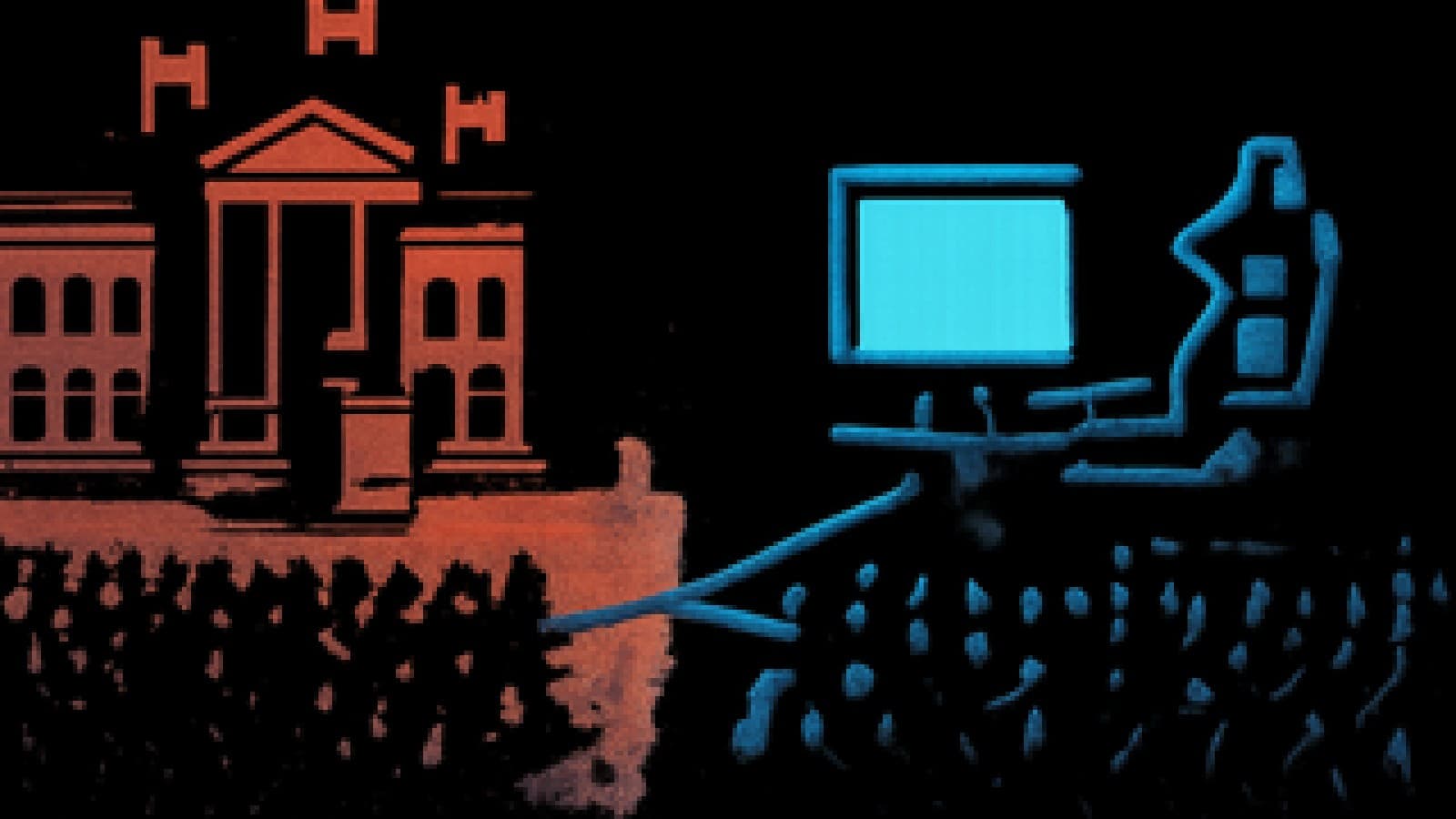Pixel art of a crowd in a tug-of-war between a presidential palace and a streamer's gaming setup