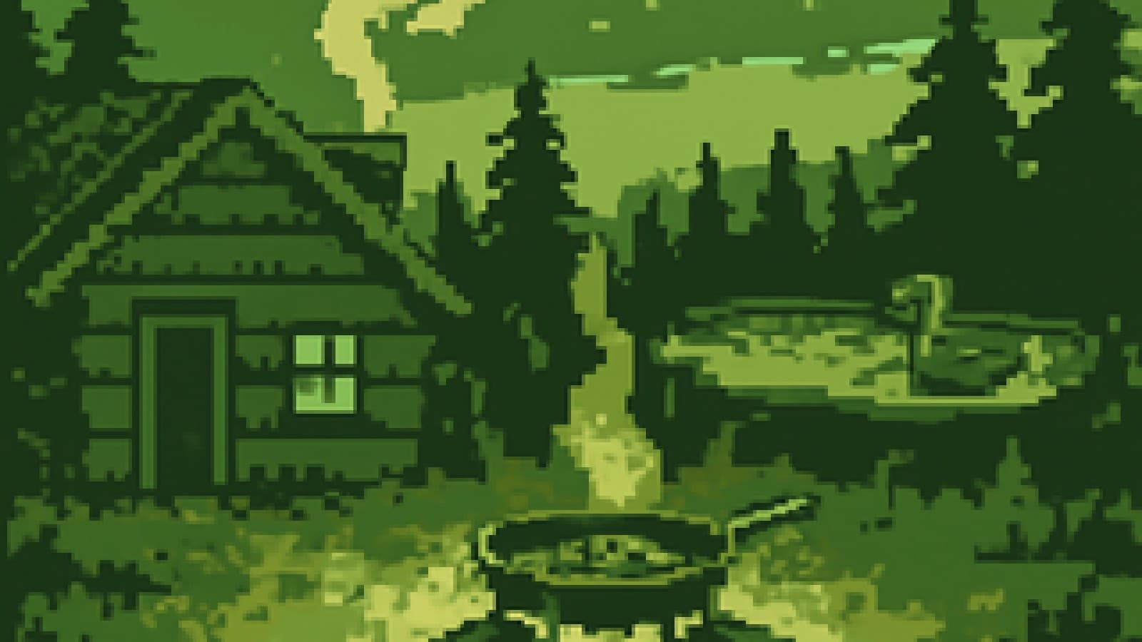 Pixel-art cabin in a pine forest with a campfire skillet, and a lonely resort pool with an inflatable flamingo in the distance