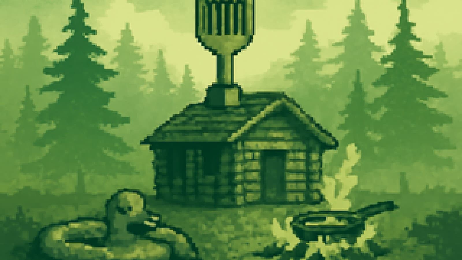 Pixel-art forest cabin with a golden spatula trophy and a sad deflated pool float in front