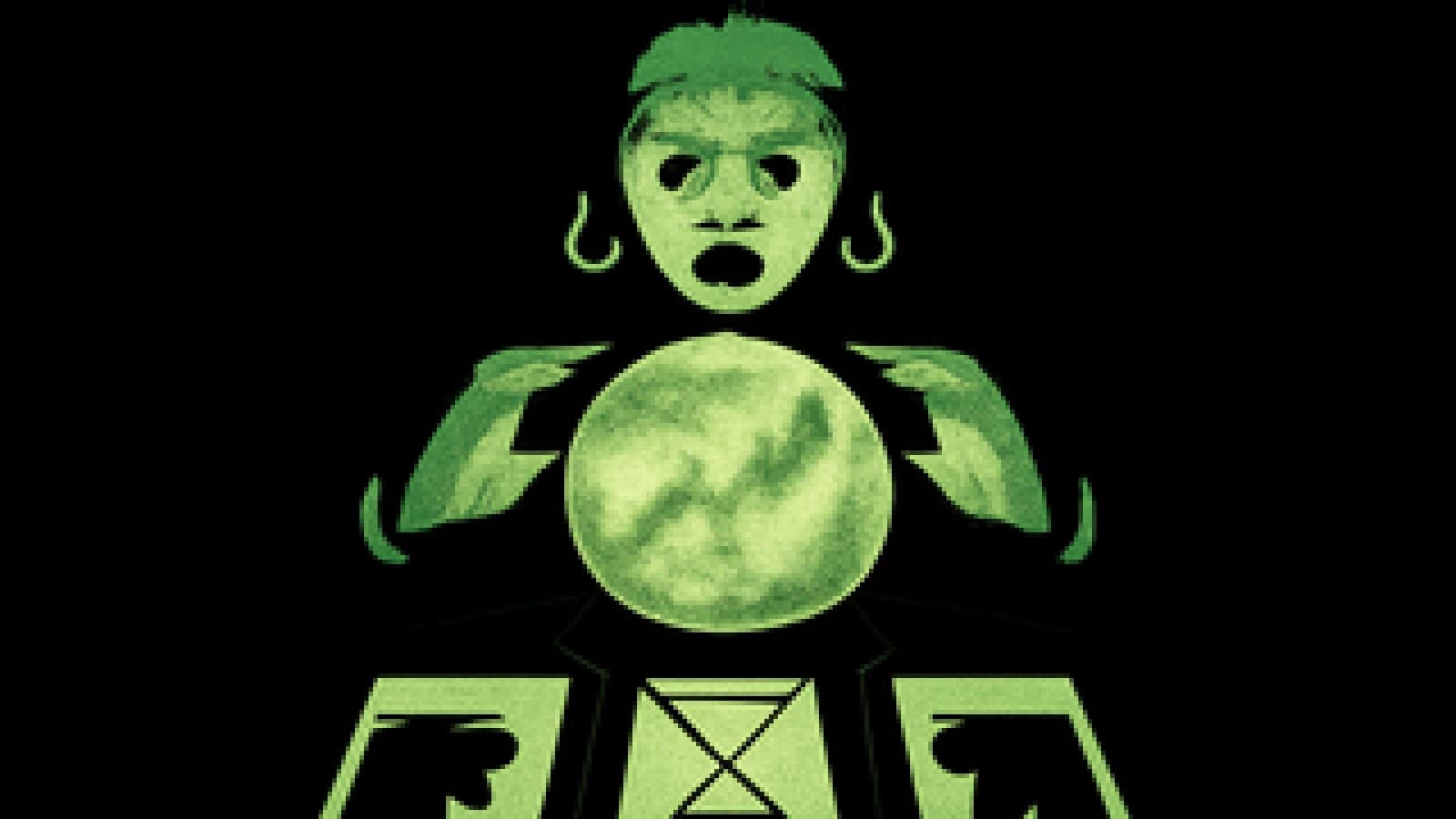 Crystal ball with a foggy chart beside tarot cards showing a bull, a bear and a glowing hourglass.