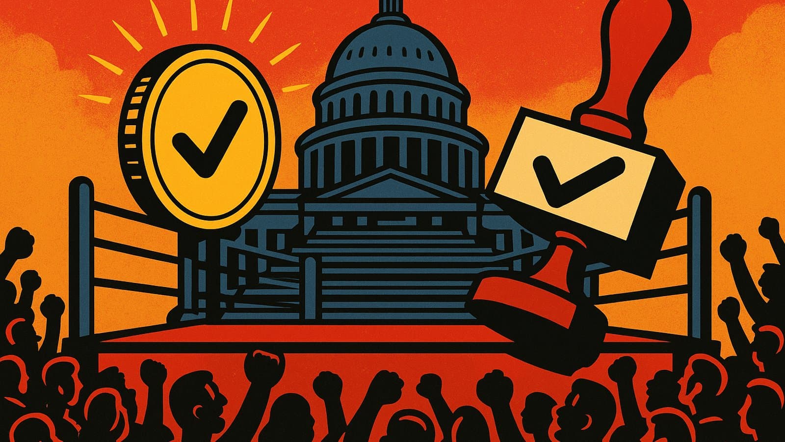 Illustration of a crypto coin squaring off against a giant approval stamp in a boxing ring outside a domed government building.