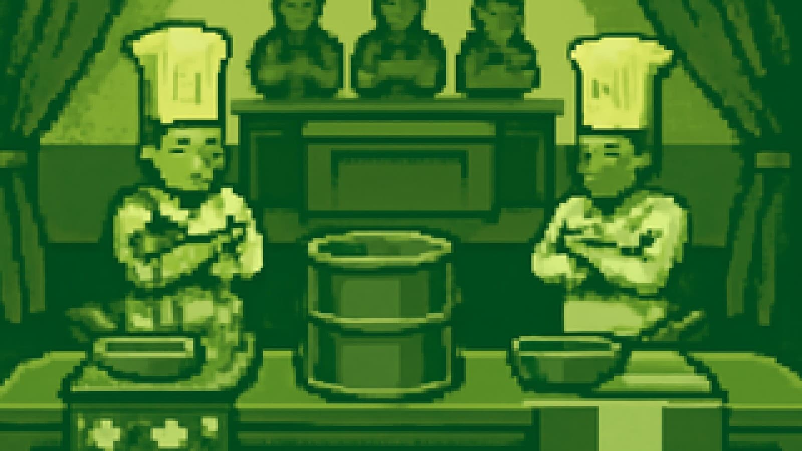 Pixel-art cooking show with two rival chef stations sharing a diesel barrel and a third table of unimpressed diners.