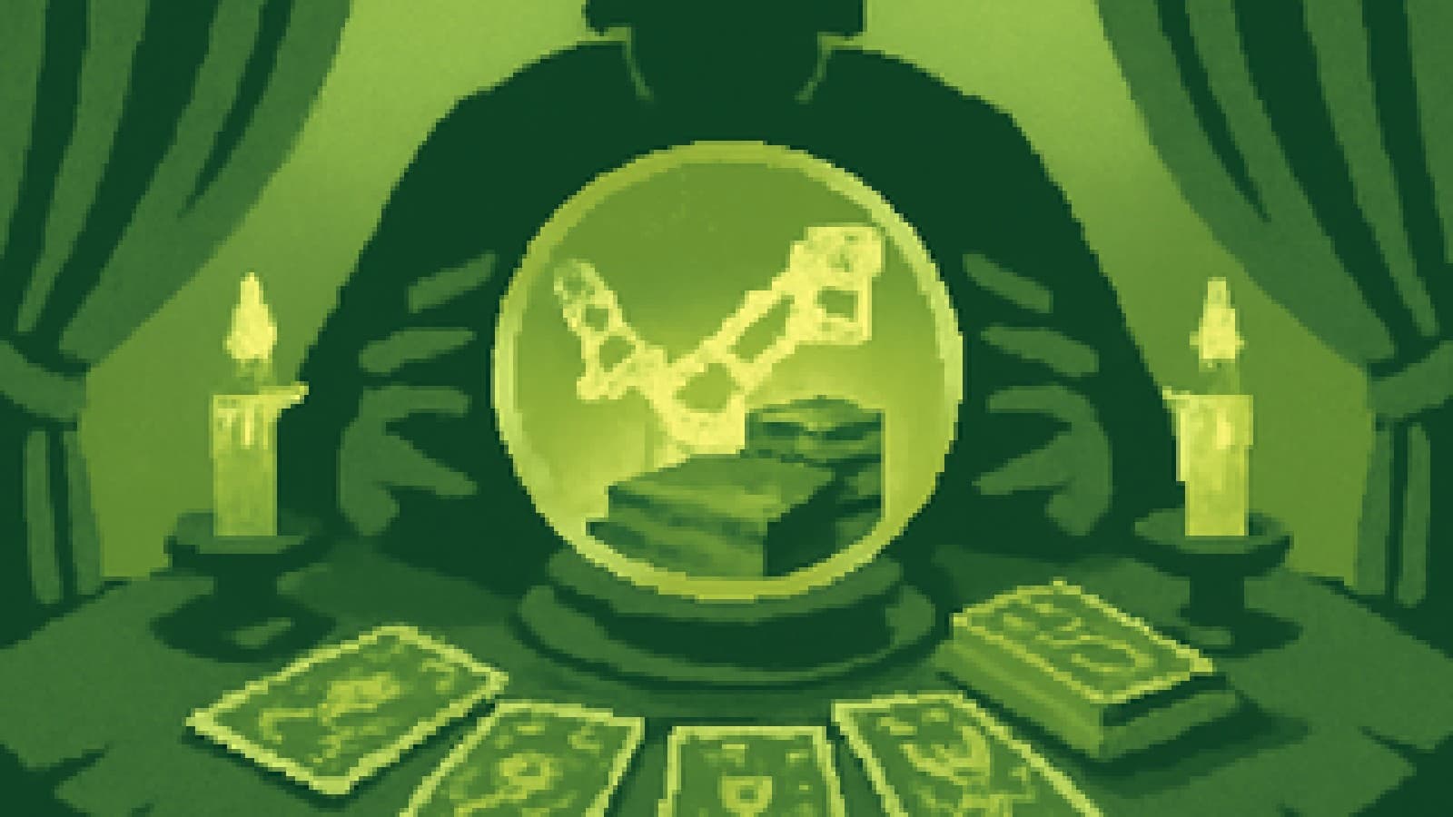 Pixel-art crystal ball showing linked glowing blocks above coins and ledgers on a fortune teller's table.