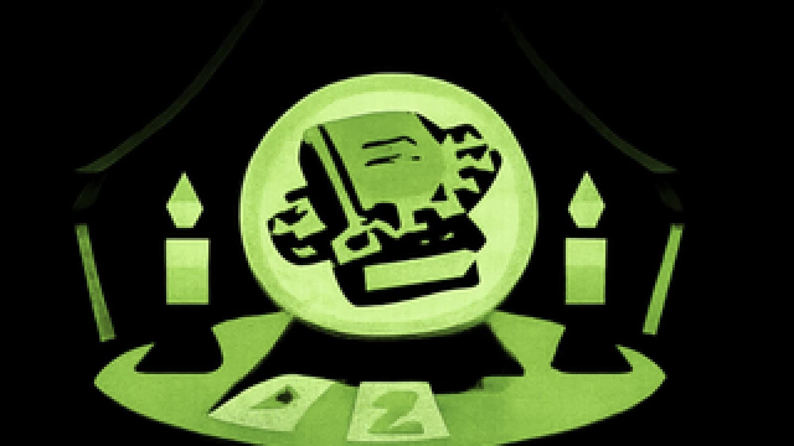 Pixel-art crystal ball glowing with a chain of linked blocks around a budget ledger in a fortune teller's tent.
