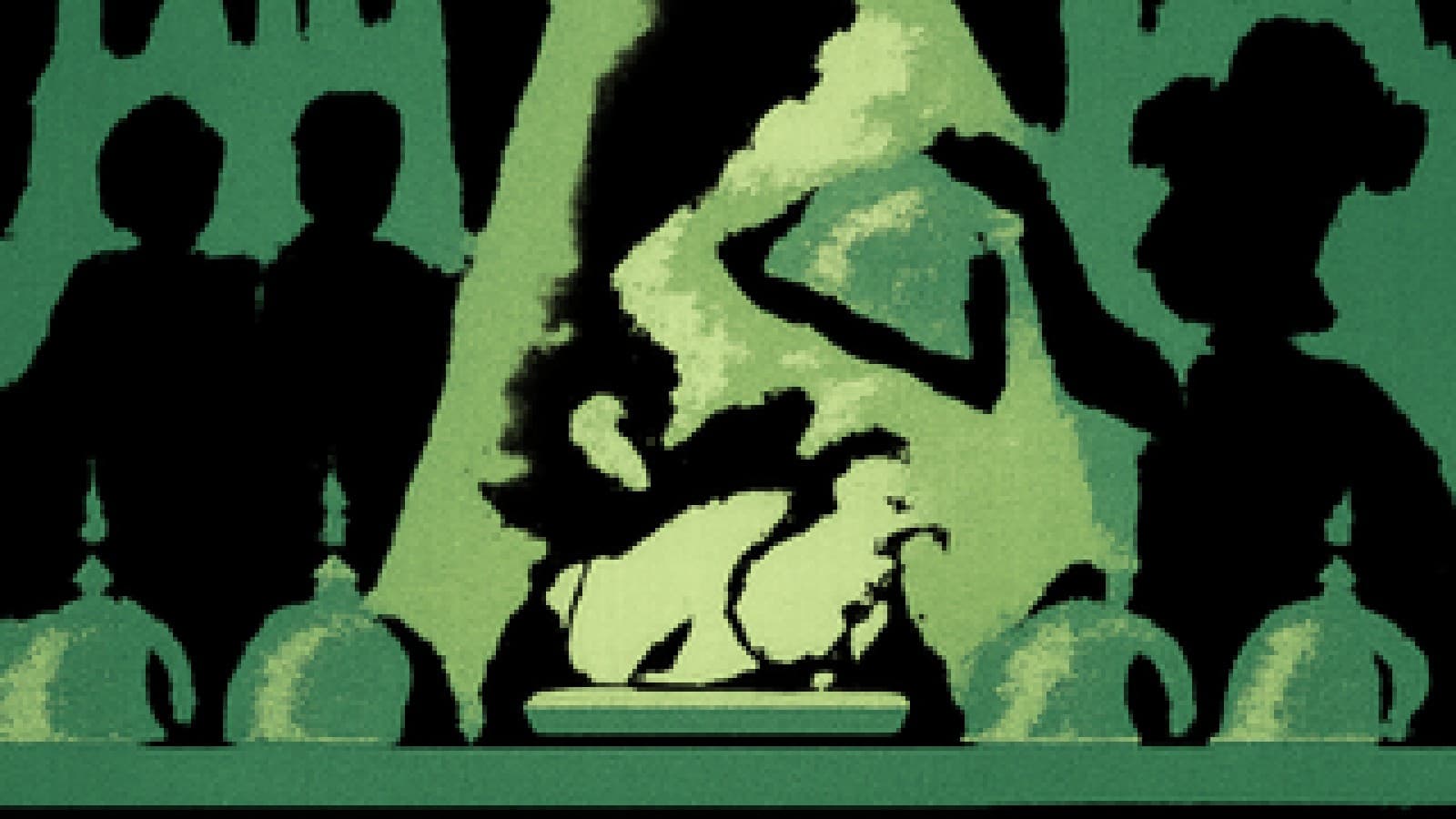 Pixel art of five silver cloches on a judging table, with one lifted to show a roast chicken under a spotlight.