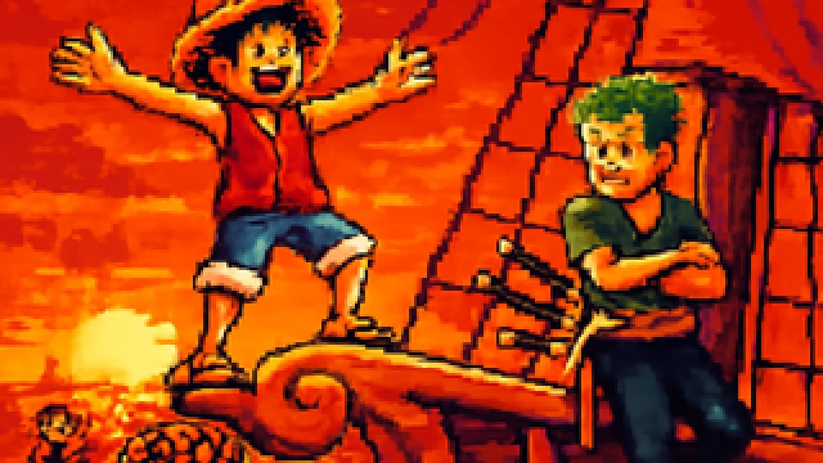 Pixel-art pirate ship with a straw-hatted captain and a green-haired swordsman as fans cheer from small boats