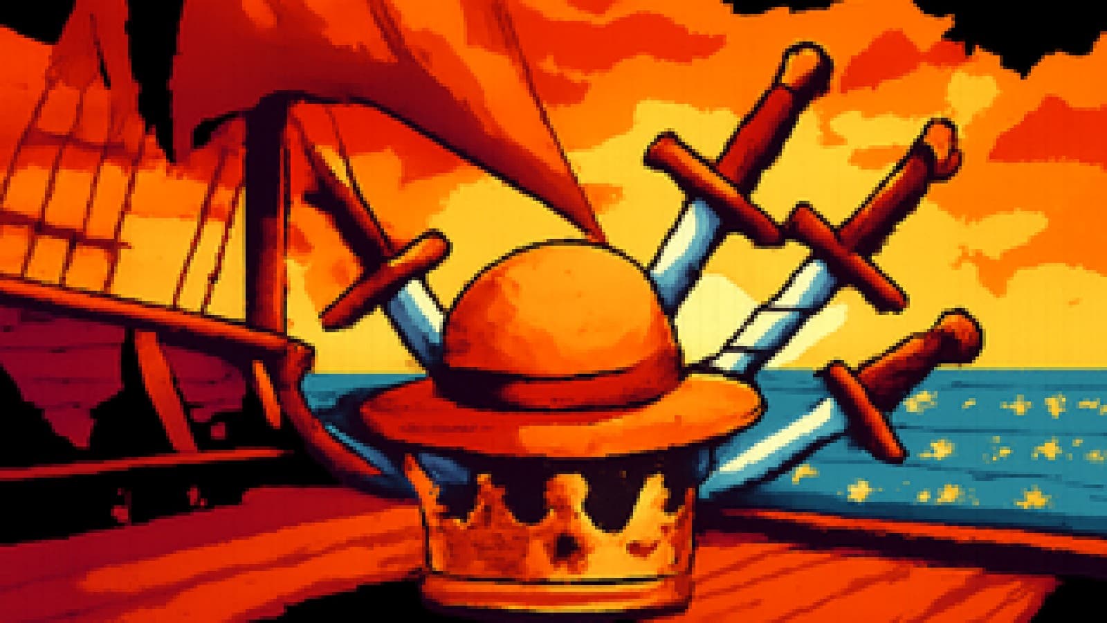 Pixel-art straw hat on a crown on a pirate ship deck, with three swords leaning against it