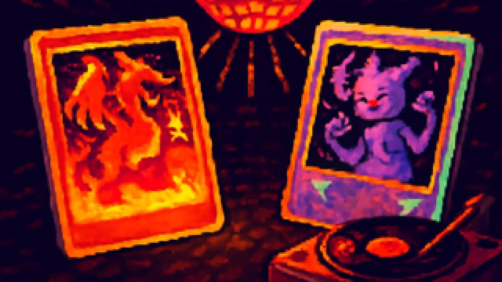 Pixel art of a fiery dragon card and a rainbow-foil psychic card facing each other on a moody dance floor.