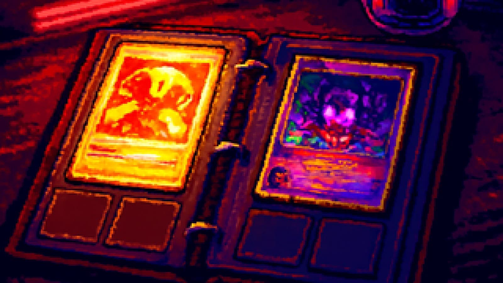 Pixel art of a fiery dragon trading card and a rainbow-foil psychic card glowing across an open binder under neon light.